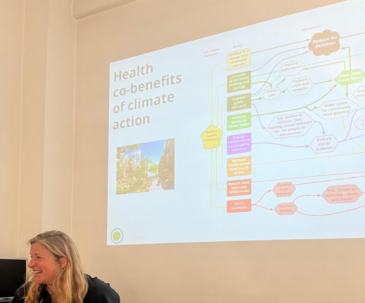 Lucy smiles in front of a presentation screen which states Health Co-benefits of Climate Action