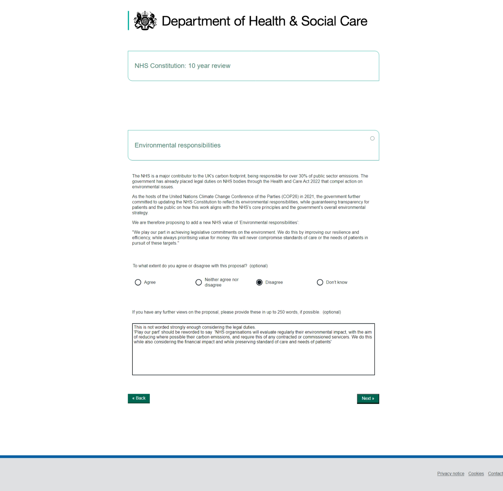webpage showing question relating to envirnomental aspects of NHS