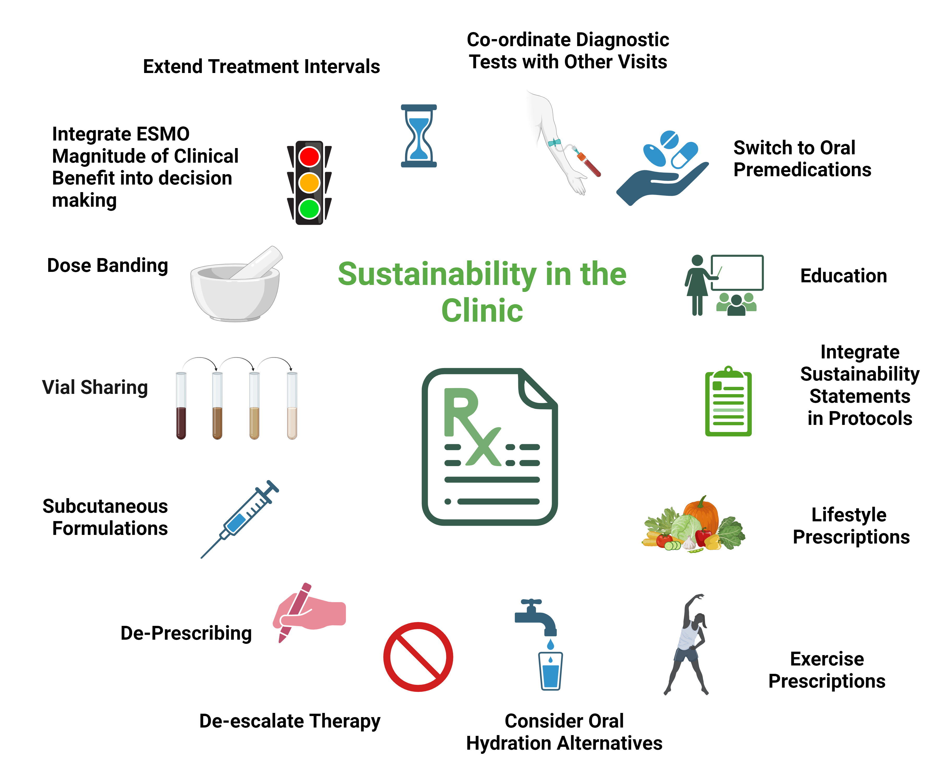 'Sustainability in the clinic' infographic that lists fifteen sustainability touchpoints, including switch to oral premedications, lifestyle prescriptions, dose banding, vial sharing.