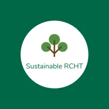 Green background, white circle containing simple tree logo.  Wording reads Sustainable RCHT.